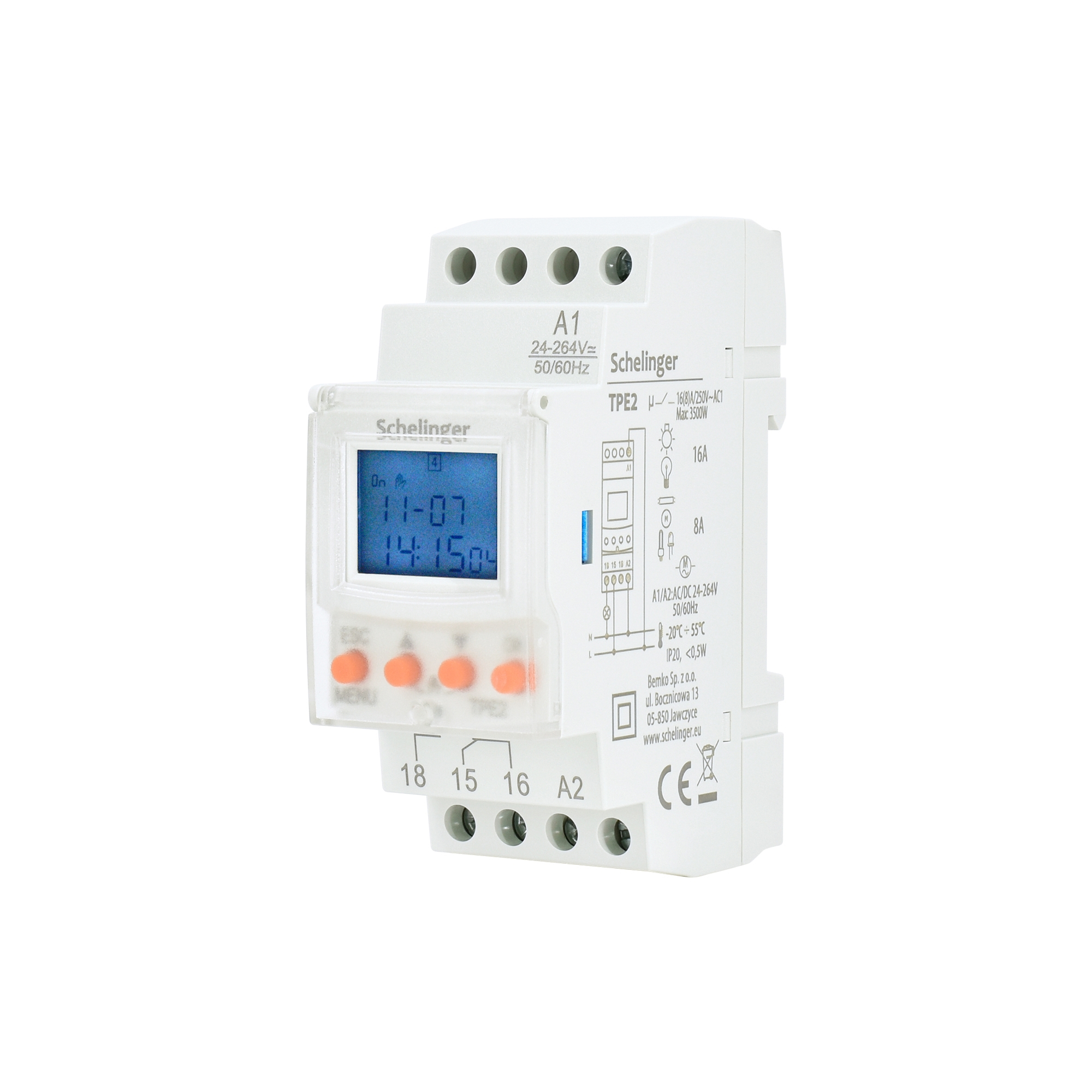 Programator czasowy elektroniczny tygodniowy zegar sterujący 16A 230V Schelinger A26-TPE2