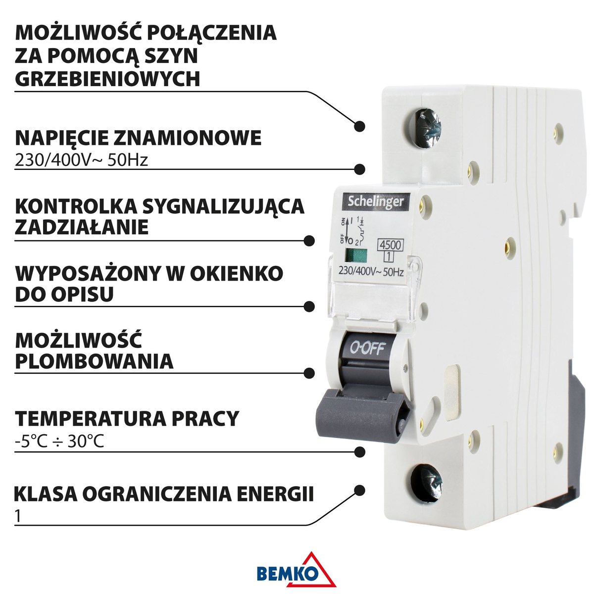 Infografika producenta z opisanymi cechami obudowy: szyny grzebieniowe, napięcie znamionowe, kontrolka, okienko opisowe, plombowanie