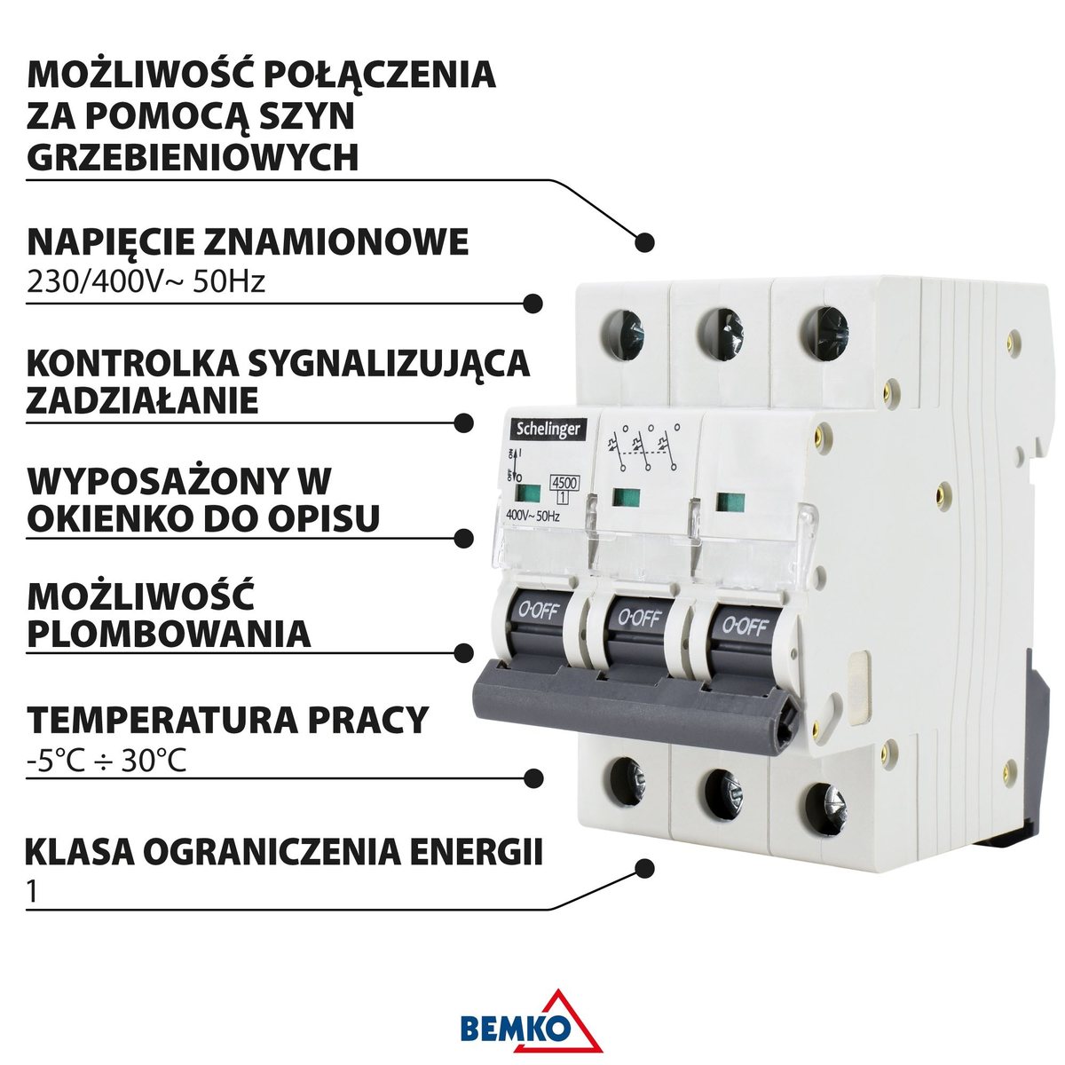Infografika producenta z opisanymi cechami obudowy: szyny grzebieniowe, napięcie znamionowe, kontrolka, okienko opisowe, plombowanie