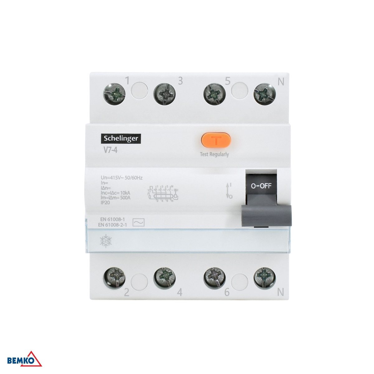 Front obudowy z nadrukiem oznaczeń: symbol typu wyzwalania, przycisk kontrolny i przywołane normy EN 61008-1 oraz EN 61008-2-1