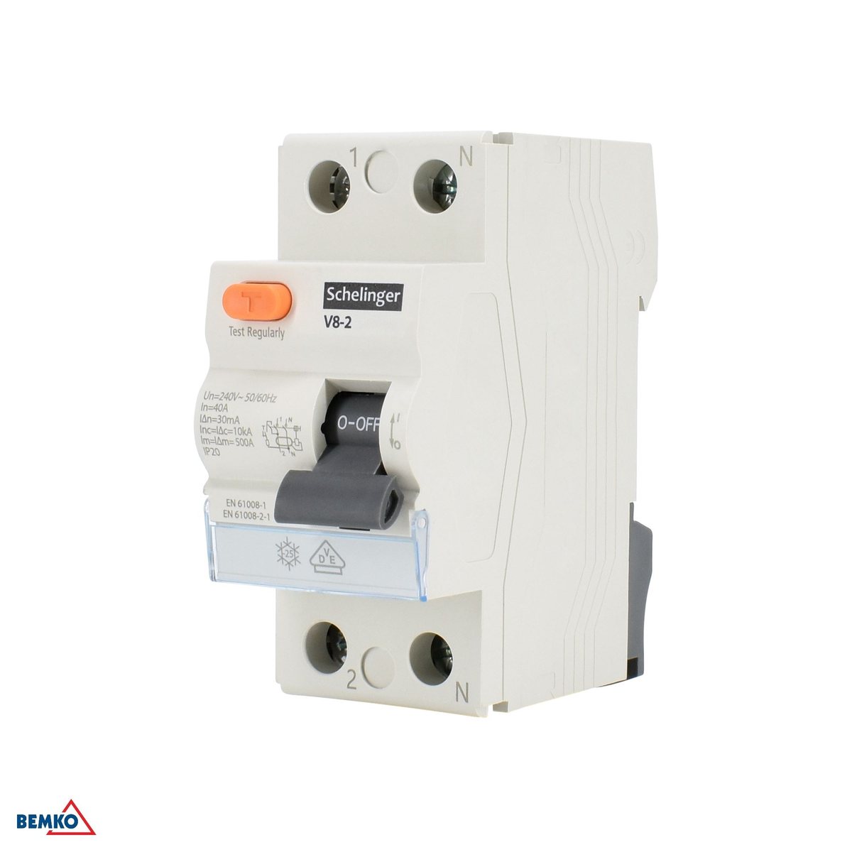 Aparat 2-modułowy w ujęciu skośnym: pomarańczowy przycisk kontrolny, dźwignia załączania i zaciski od góry i od dołu