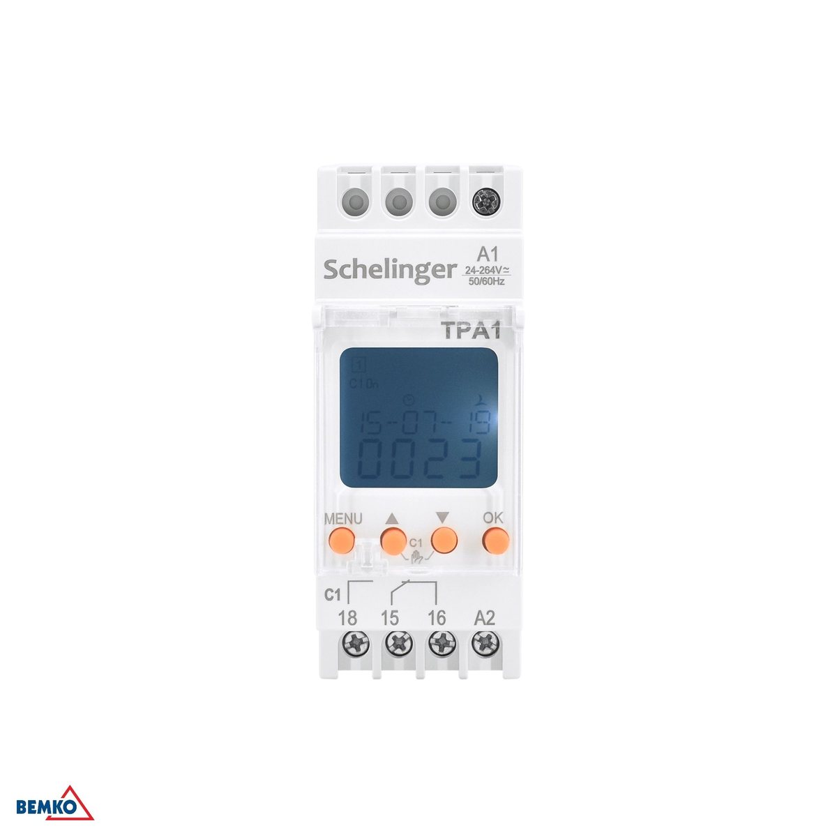 Panel przedni Schelinger TPA1 — podświetlony wyświetlacz LCD i cztery przyciski MENU, góra, dół, OK