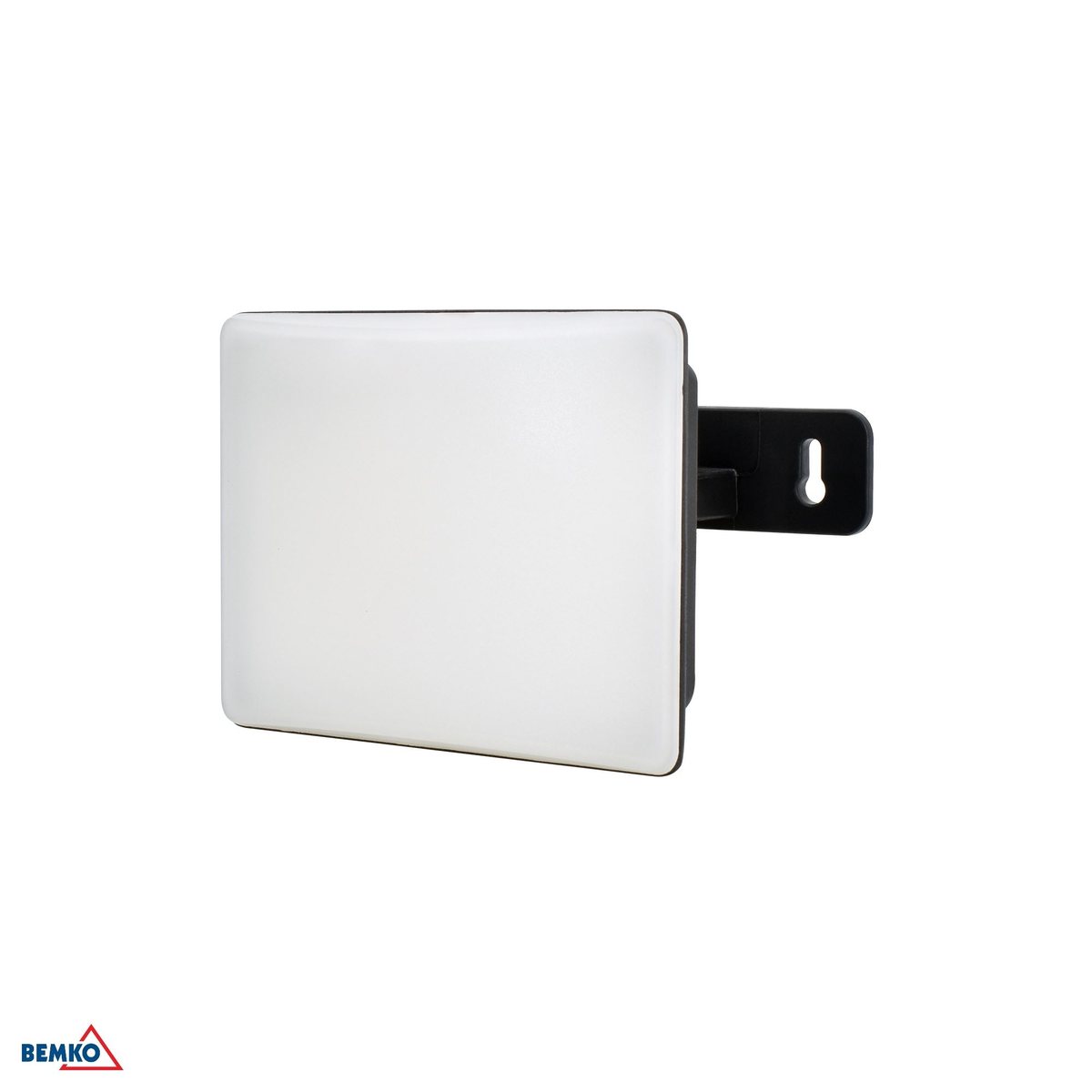 Oprawa na ukos: jednolicie biały, rozpraszający front bez widocznych diod, z tyłu wystający płaski uchwyt z otworem kluczowym