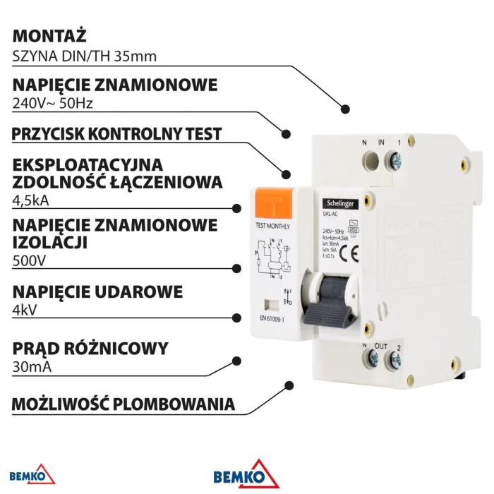 Wyłącznik różnicowoprądowy z członem nadprądowym Schelinger A08-GKL-AC-B10