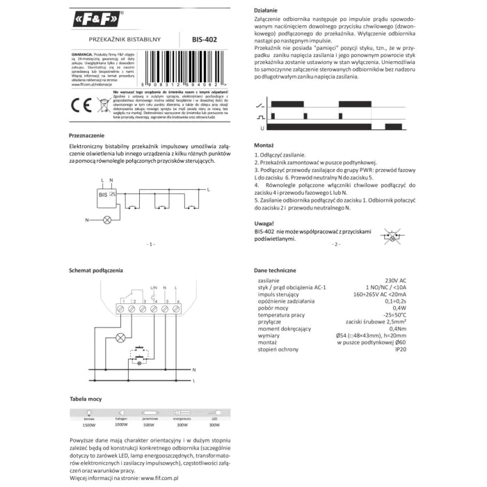 Przekaźnik bistabilny F&F BIS-402