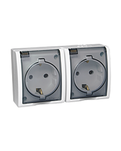 Gniazdo elektryczne podw&oacute;jne SCHUKO z klapką biały IP54 Simon Aquarius Kontakt-Simon AQGSZ1-2Z/11A