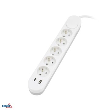 Przedłużacz listwa zasilająca 5 gniazdek USB A+C z wyłącznikiem 2m biały Bemko B05-NB5GW2M-2U
