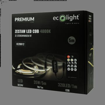 Taśma LED COB 320 z zasilaczem, sterownikiem IR i pilotem 7W 4000K 630lm 5m Eco Light EC20812