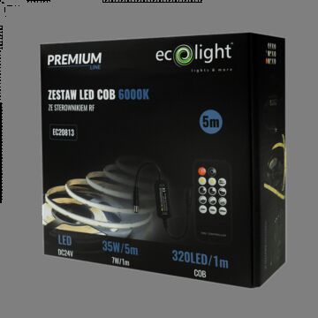 Taśma LED COB 320 z zasilaczem, sterownikiem IR i pilotem 7W 6000K 630lm 5m Eco Light EC20813