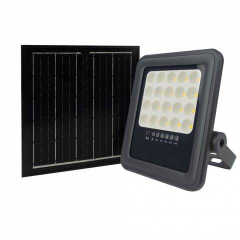 Ciemnoszary naświetlacz solarny w obudowie ABS z przyciskami jasności na przodzie, obok osobny panel słoneczny na czarnym stojaku