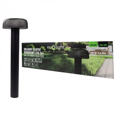 Rysunek techniczny słupka na opakowaniu z zaznaczonym portem USB-C i panelem solarnym w górnej części klosza