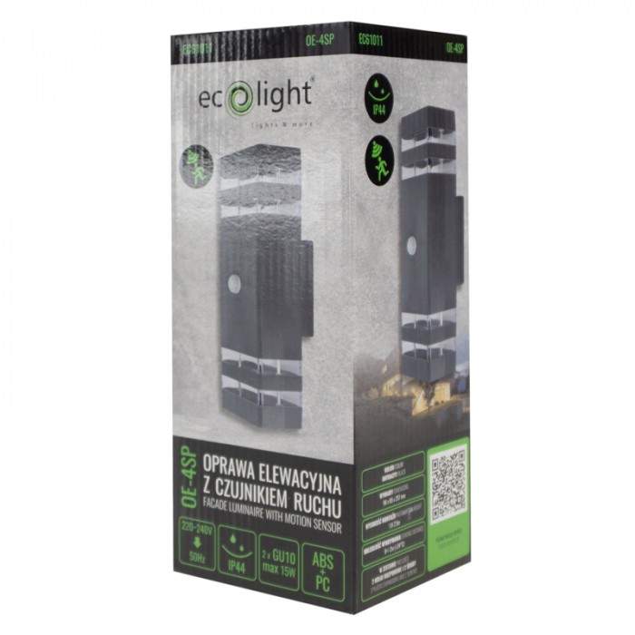 Opakowanie oprawy EC61011 z piktogramami parametrów, obok zdjęcie oprawy z profilu