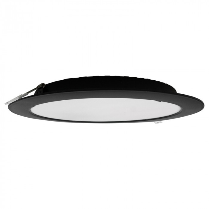 Oprawa downlight w kolorze czarny, cała w kadrze, na jasnym tle