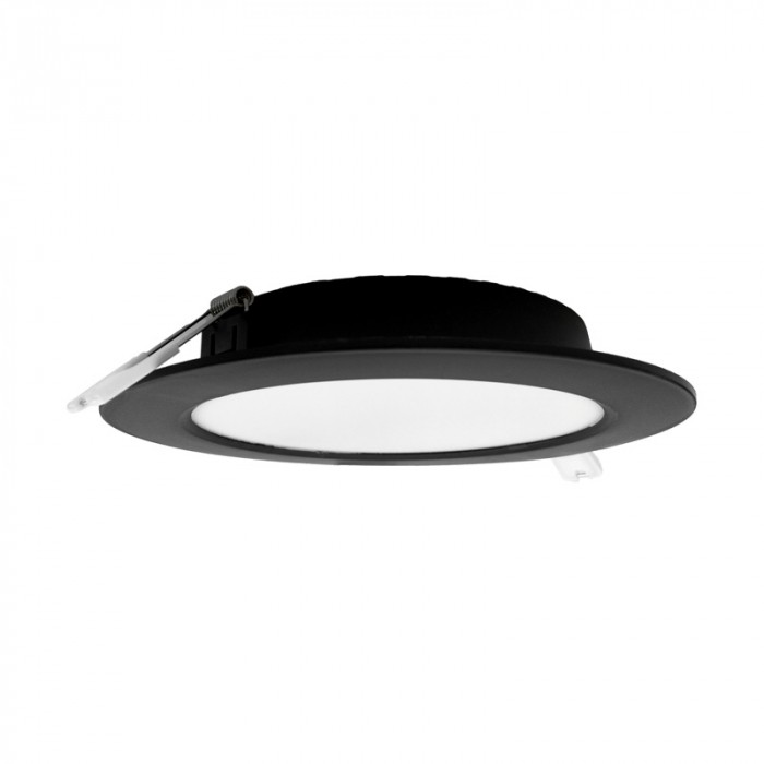 Oprawa downlight w kolorze czarny, cała w kadrze, na jasnym tle