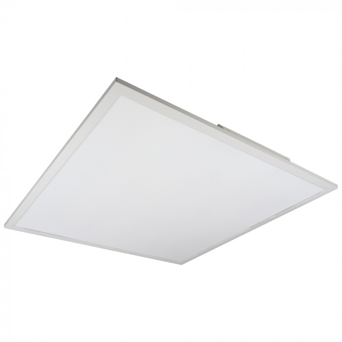 Zdjęcie produktowe na białym tle: kwadratowa płyta 595 × 595 mm ustawiona pod kątem, cała dolna powierzchnia to jednolity mleczny klosz obwiedziony wąską biała ramką
