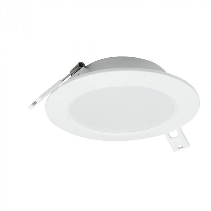 Oprawa downlight w kolorze biały, cała w kadrze, na jasnym tle