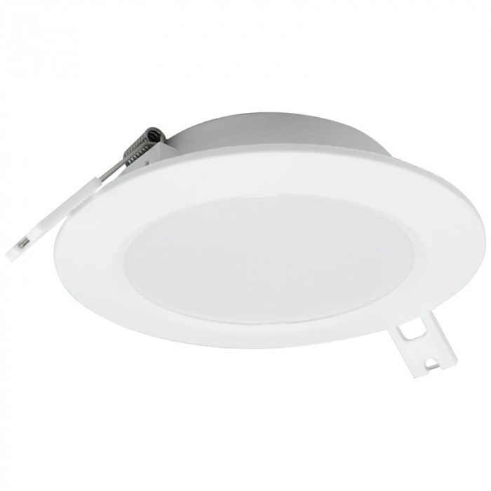 Oprawa downlight w kolorze biały, cała w kadrze, na jasnym tle