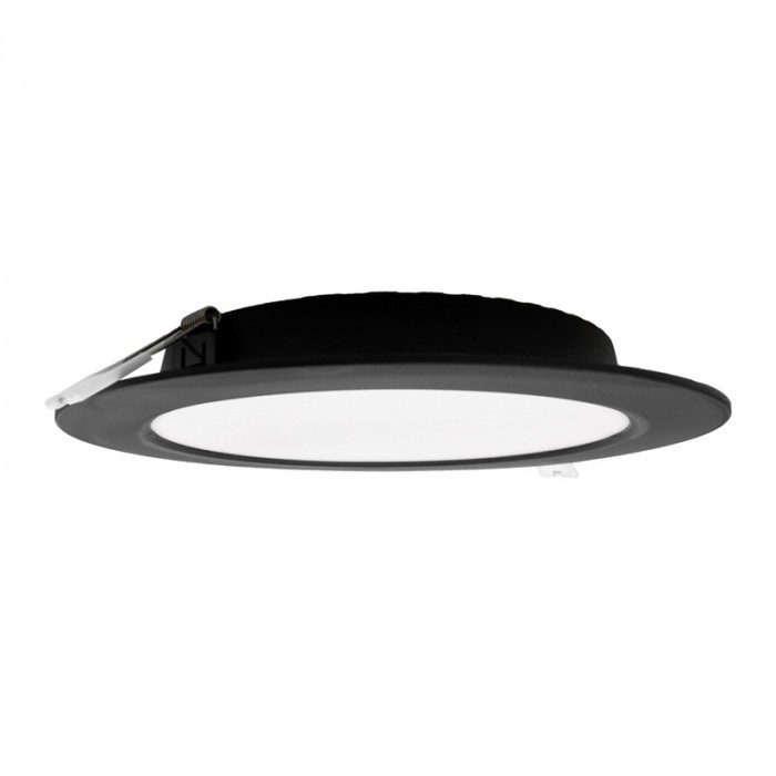 Oprawa downlight w kolorze czarny, cała w kadrze, na jasnym tle