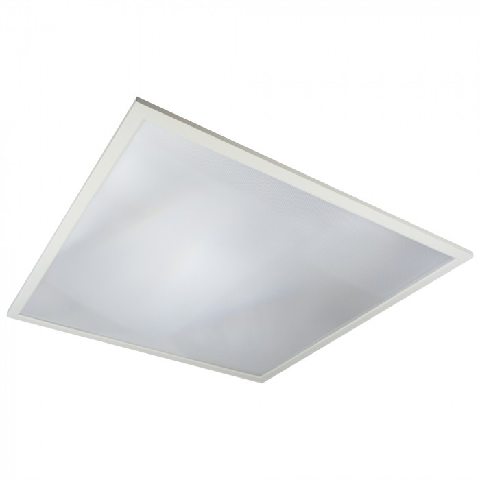 Zdjęcie produktowe na białym tle: kwadratowa płyta 595 × 595 mm ustawiona pod kątem, cała dolna powierzchnia to jednolity mleczny klosz obwiedziony wąską biała ramką