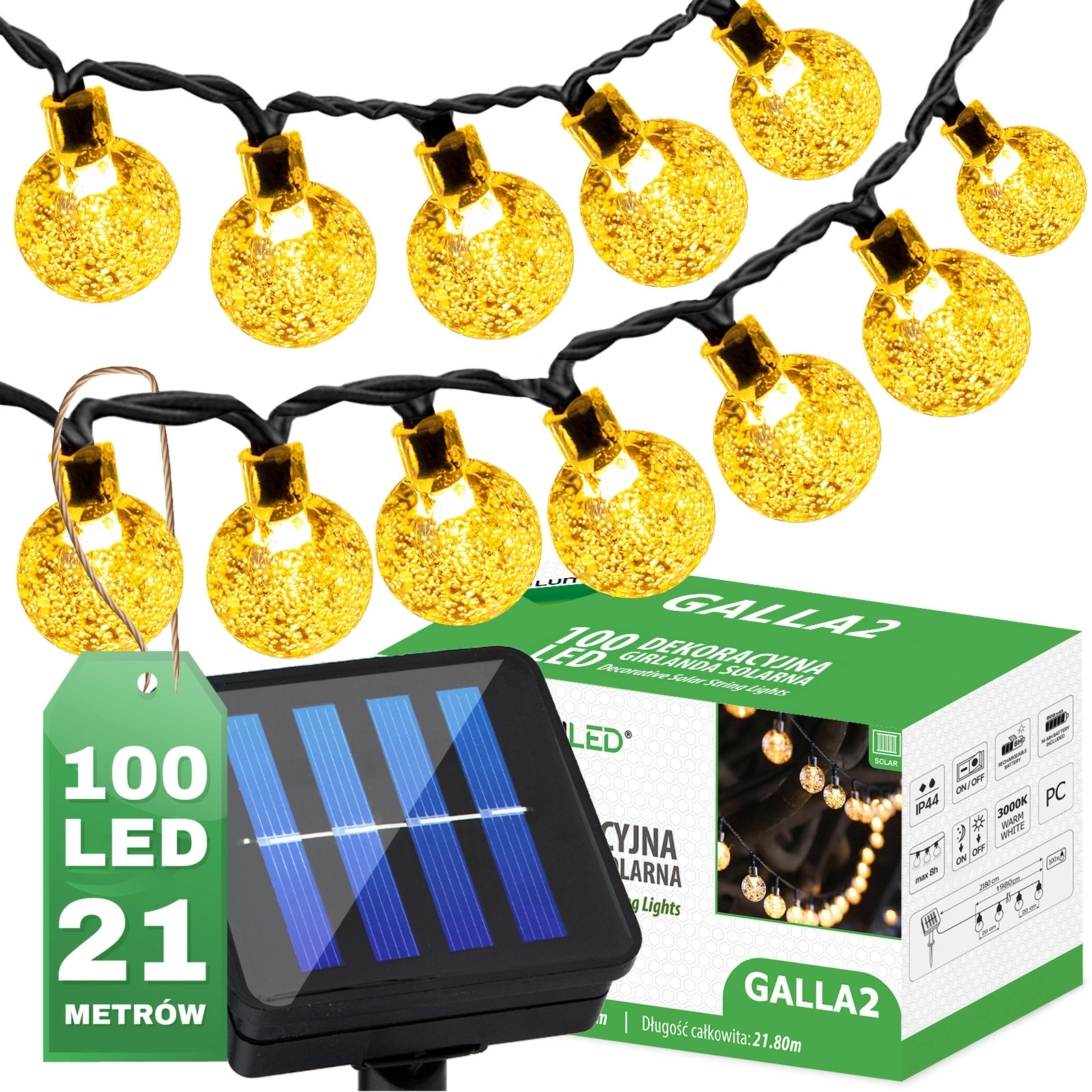 Girlanda solarna ogrodowa żarówki 50x LED kulki 3000K IP44 11m GALLA2 Lumiled LUMSOL0068